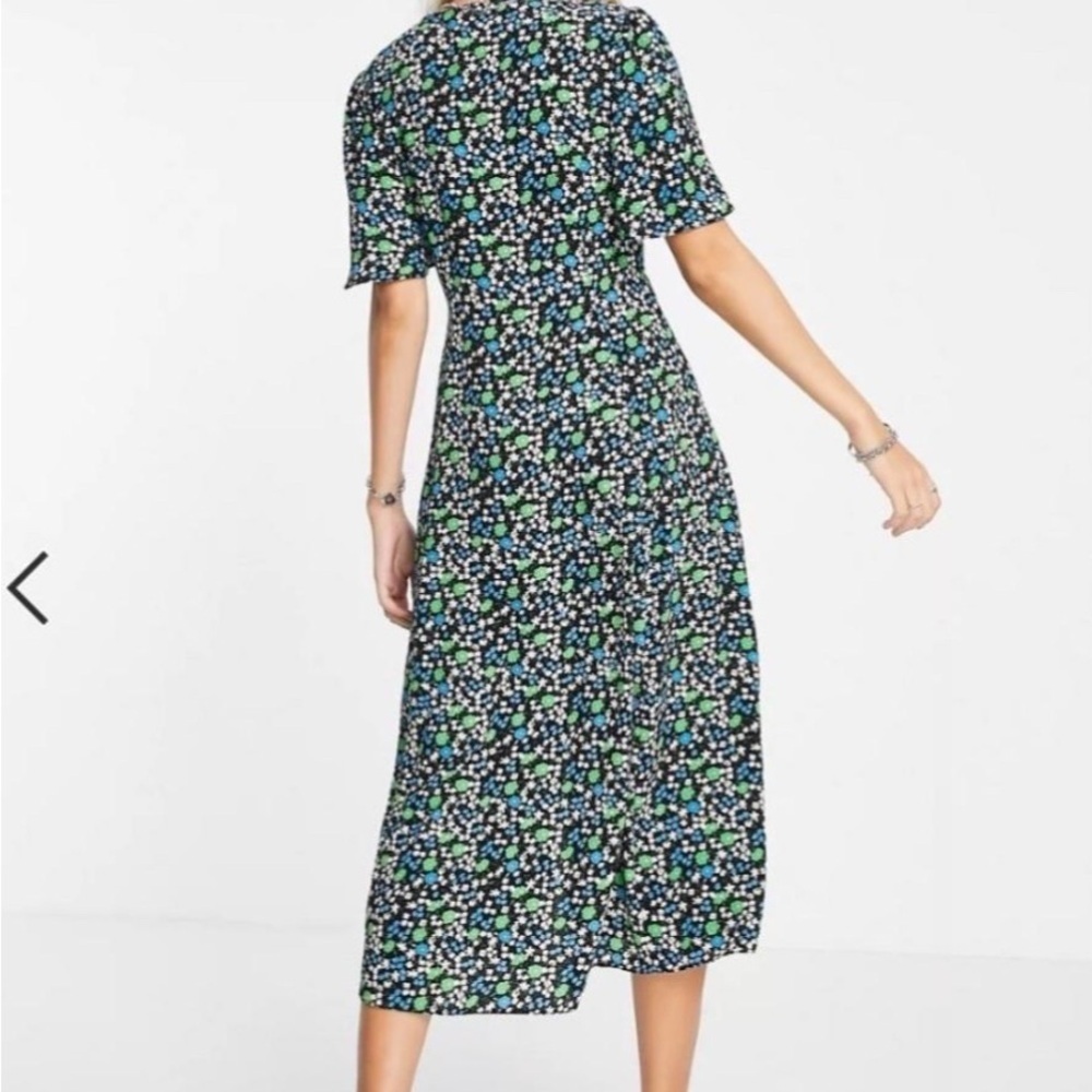 NWT ASOS Black Blue Green Floral Flutter Sleeve Midi Belted Dress Women’s US 8 - Picture 2 of 13